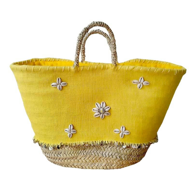 NORA - Sac de plage en palmier et toile, jaune