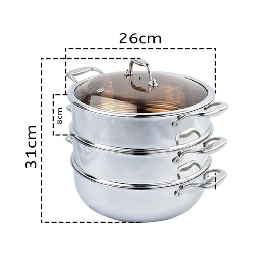 SOGA 3 Tier 26cm Heavy Duty Stainless Steel Food Steamer Vegetable Pot Stackable Pan Insert with Glass Lid