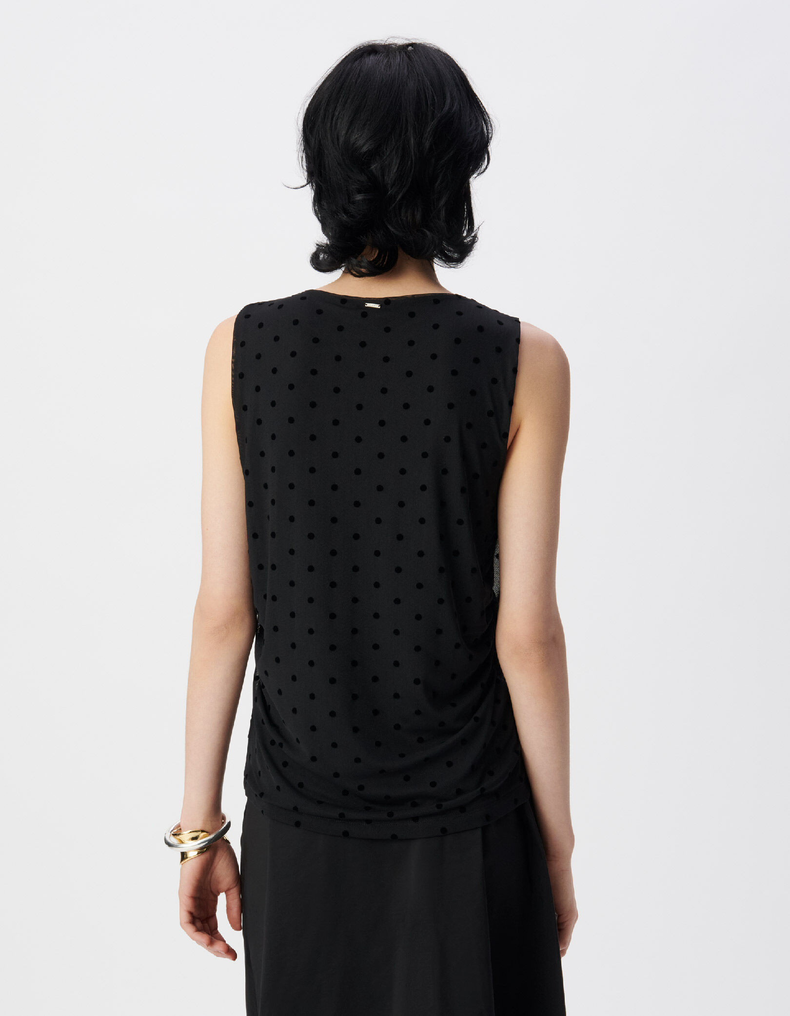 Tee-shirt sans manches noir résille motif pois Femme