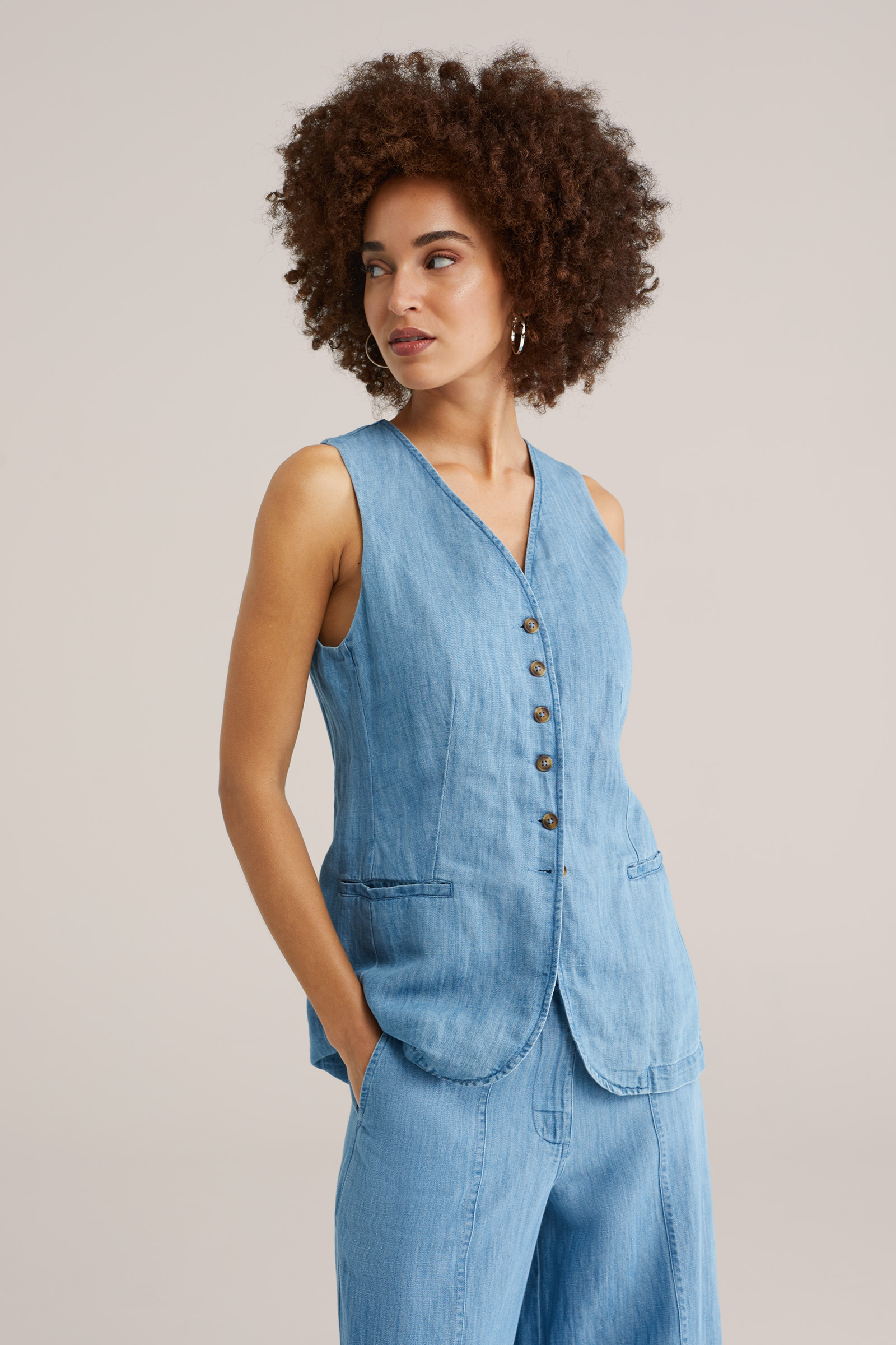 Dames denim gilet van linnenmix