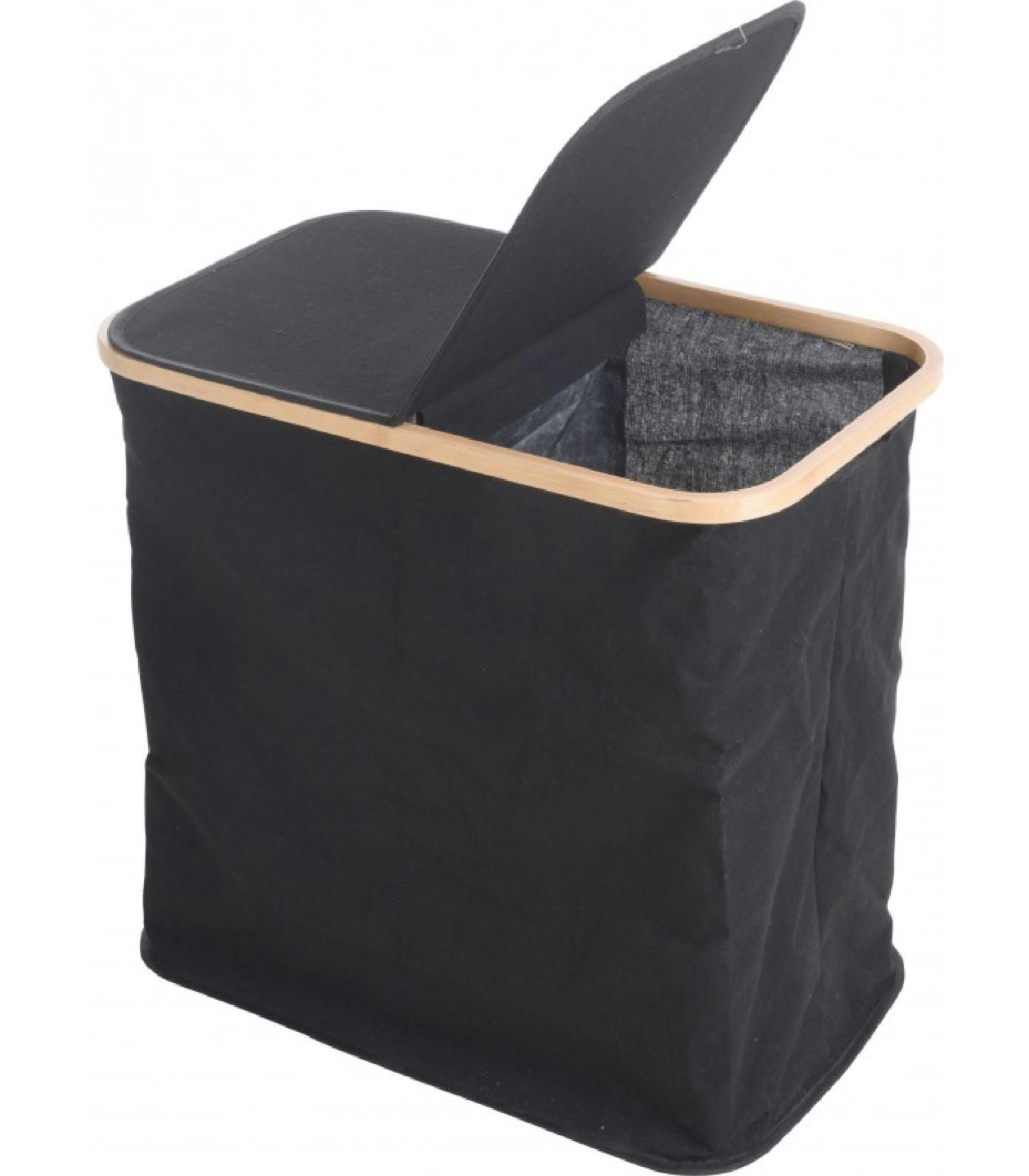 DOUBLE - Panier à linge 2 compartiments tissu noir et bambou H51cm