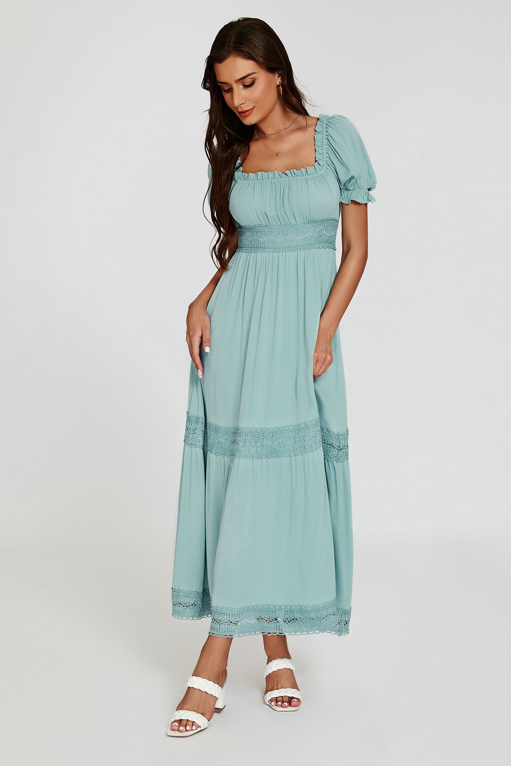FS Collection Lace Detail Bardot Maxi Dress In Blue