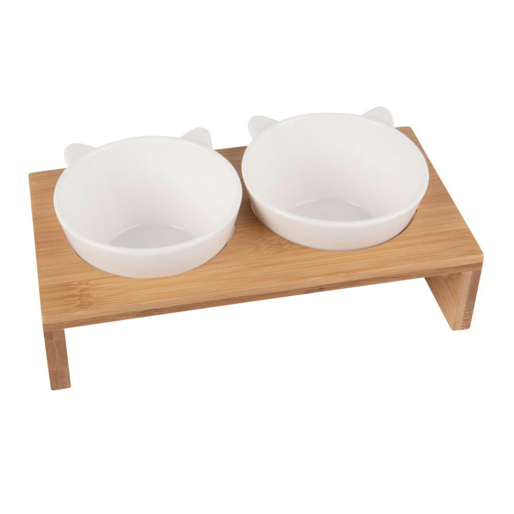 MIAOU MIAOU - Gamelles en porcelaine (x2) support en bambou