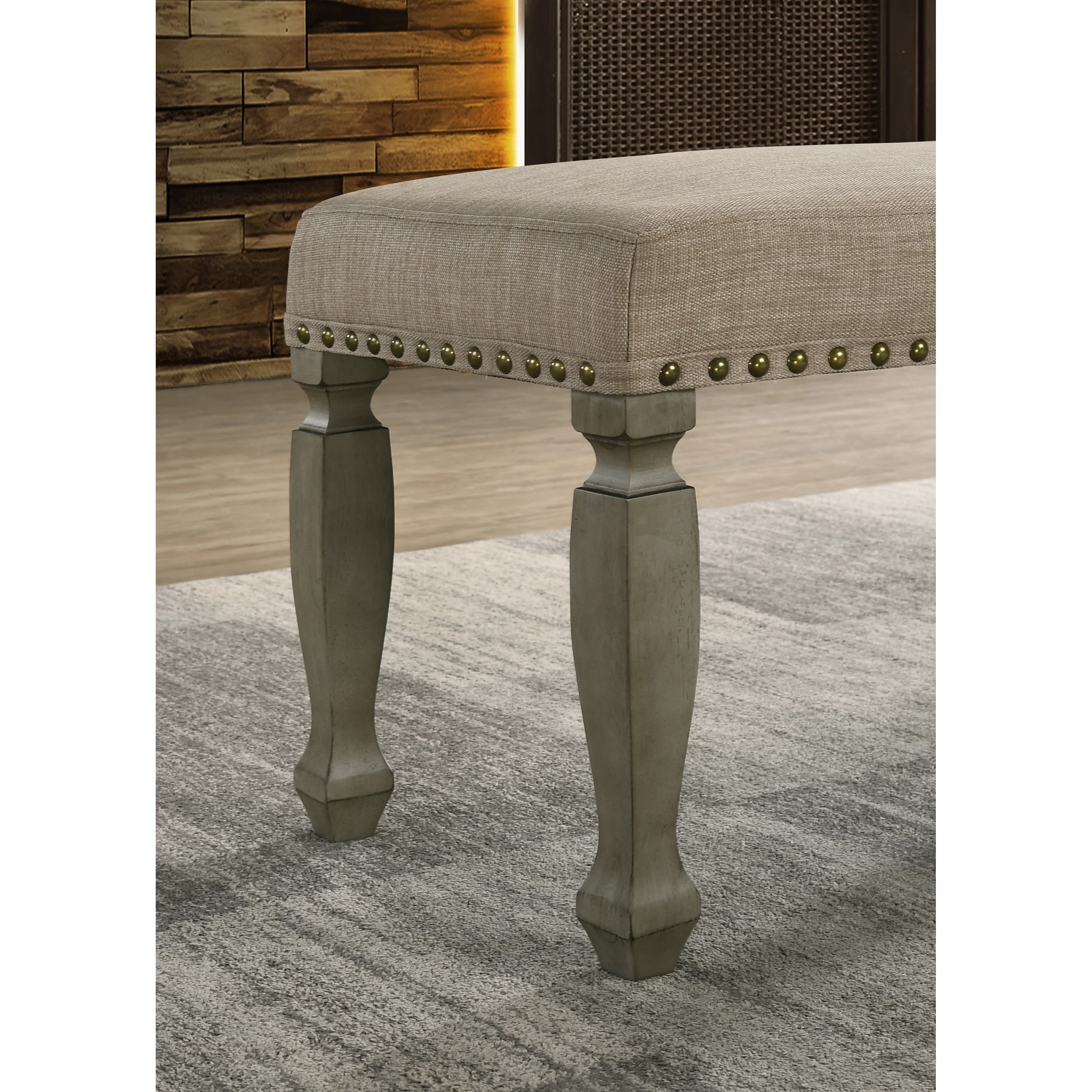 Roundhill Furniture Breda Antique Gray Finish Upholstered Nailhead Bench - N/A