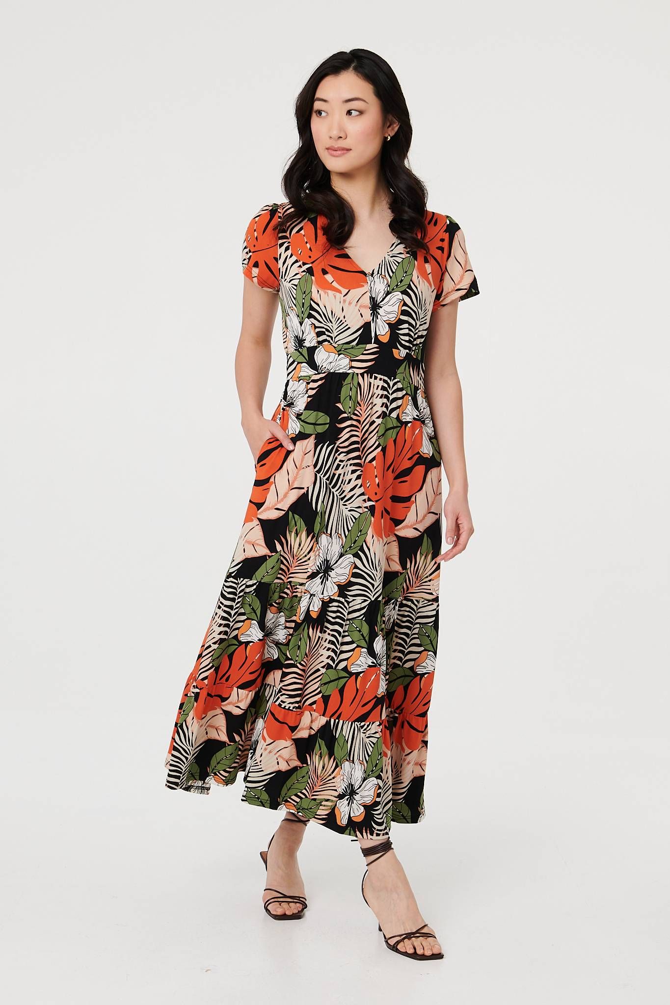 Izabel London Leaf Print Tiered Cap Sleeve Maxi Dress