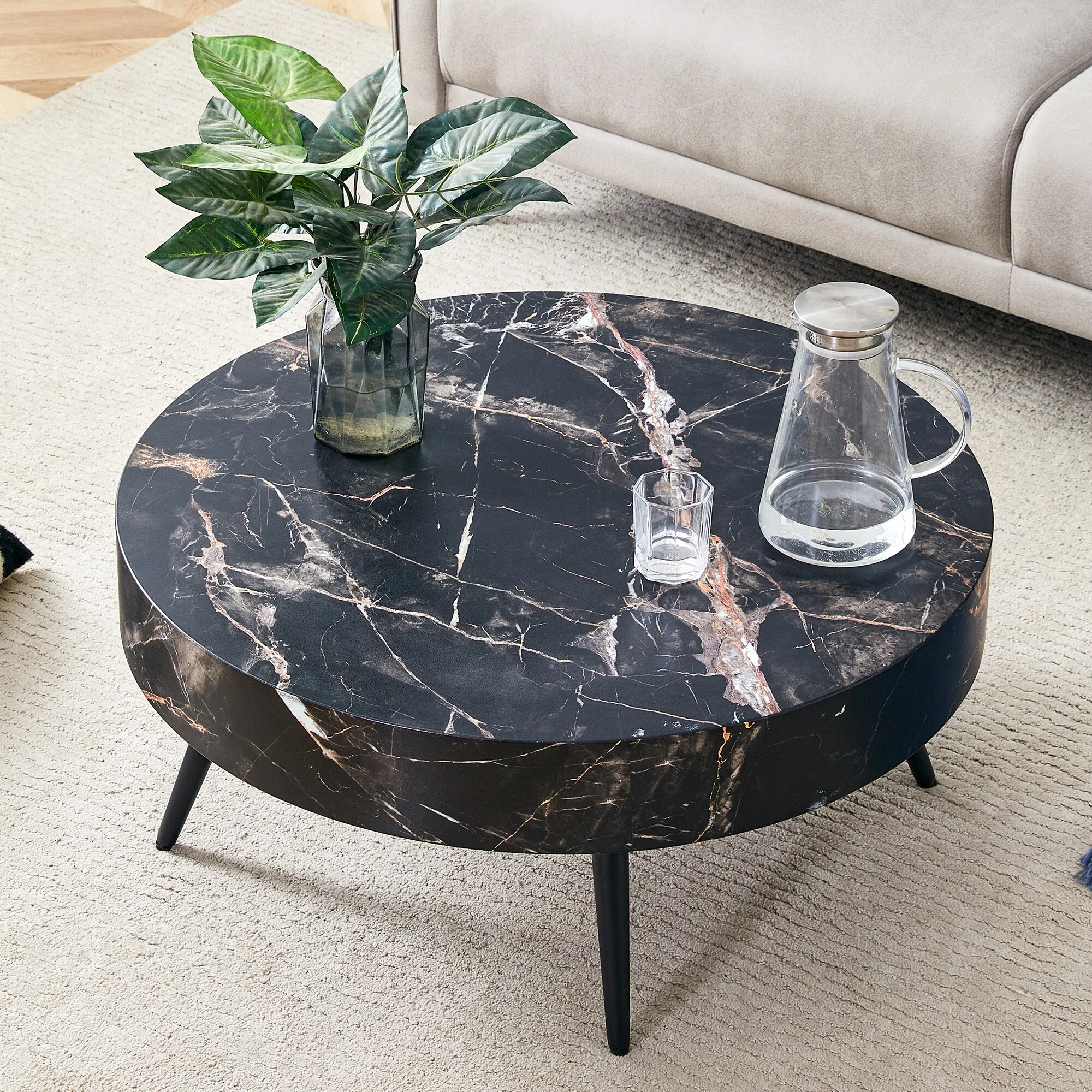 31.5 Black Marble-Patterned Round Coffee Table with Metal Legs. Adjustable Feet, Coffee table, Round Table Design