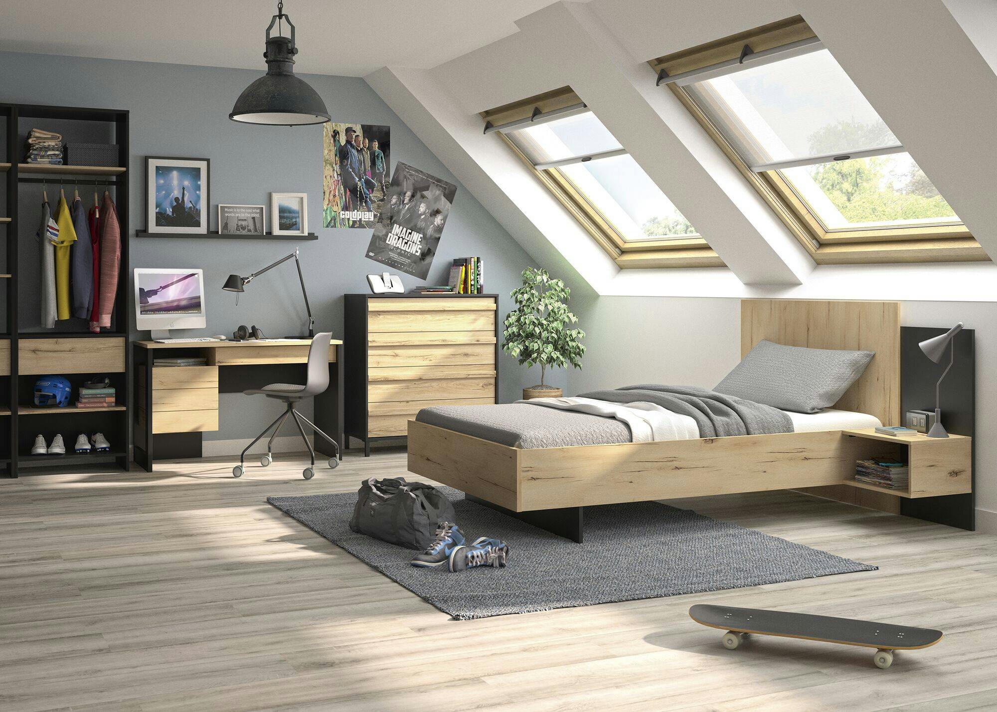 GARLONE - Lit chevet lambris 120x200 effet bois