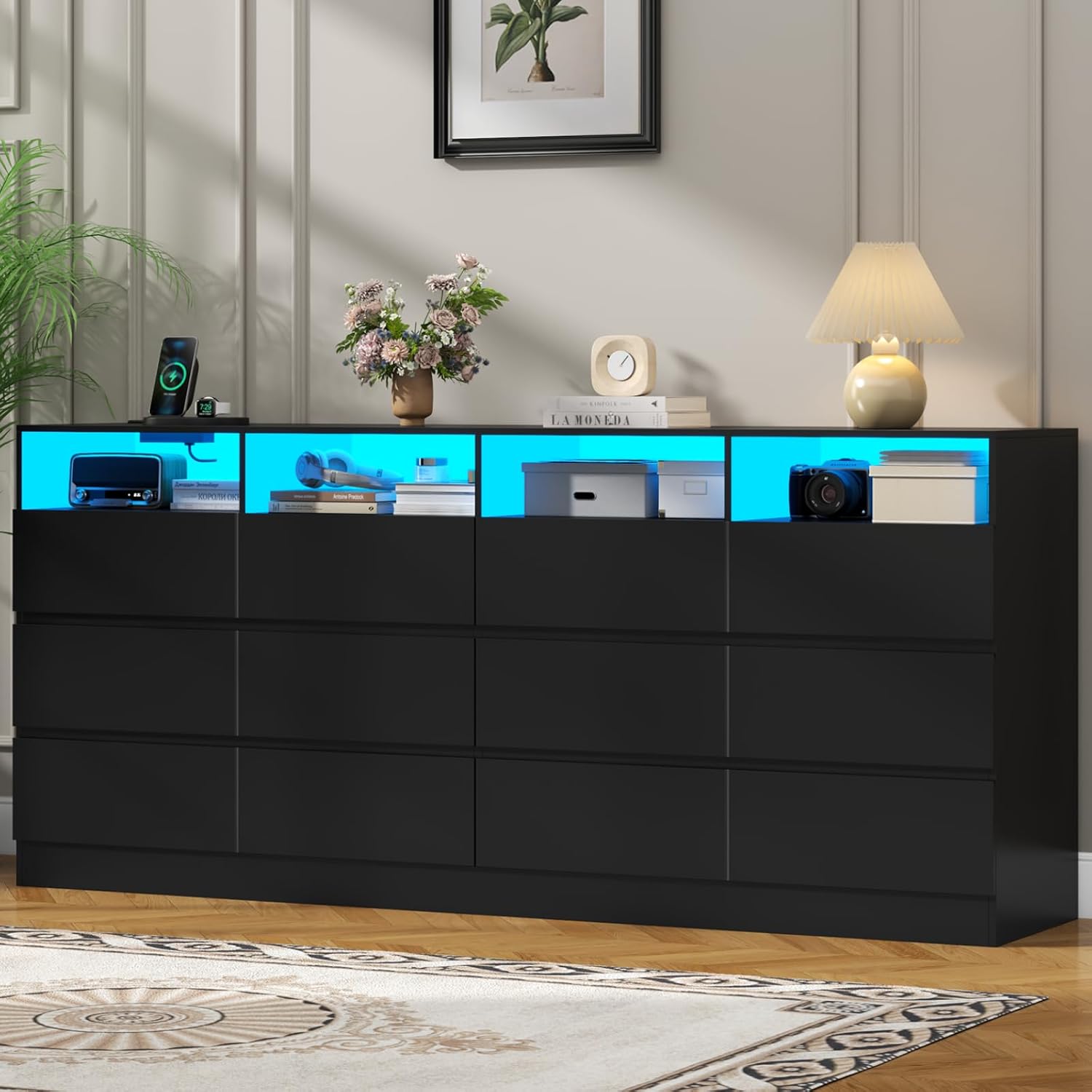 Loomie 12-Cell Divided Drawers Black Dresser with Charging Station & Led Lights for Bedroom, Long 63 Wide Dresser TV Stand for TVs up to 75, Large Dressers Organizer with 4 Open Cubbies