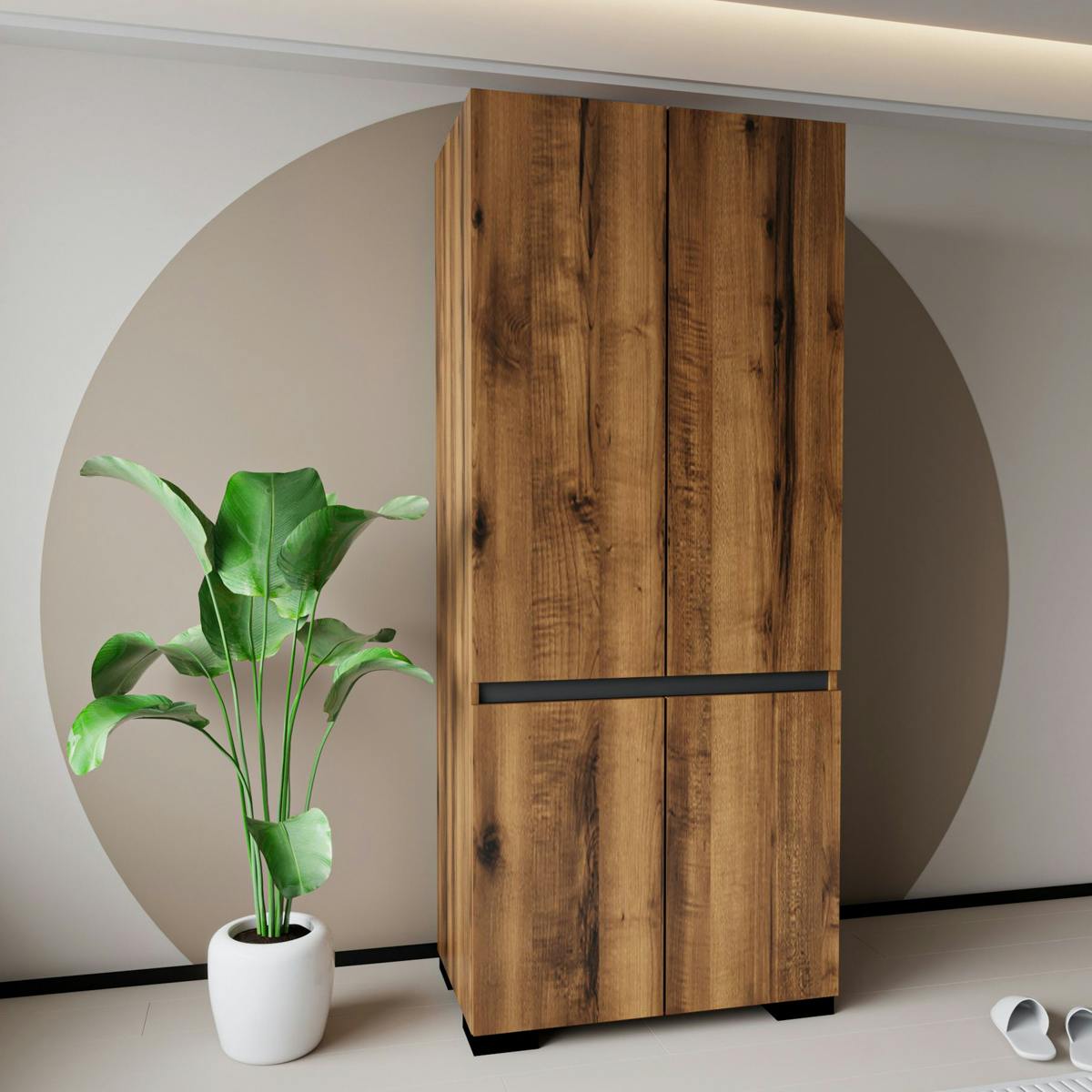 Armoire penderie effet noyer détail gris, 2 étagères BYRON