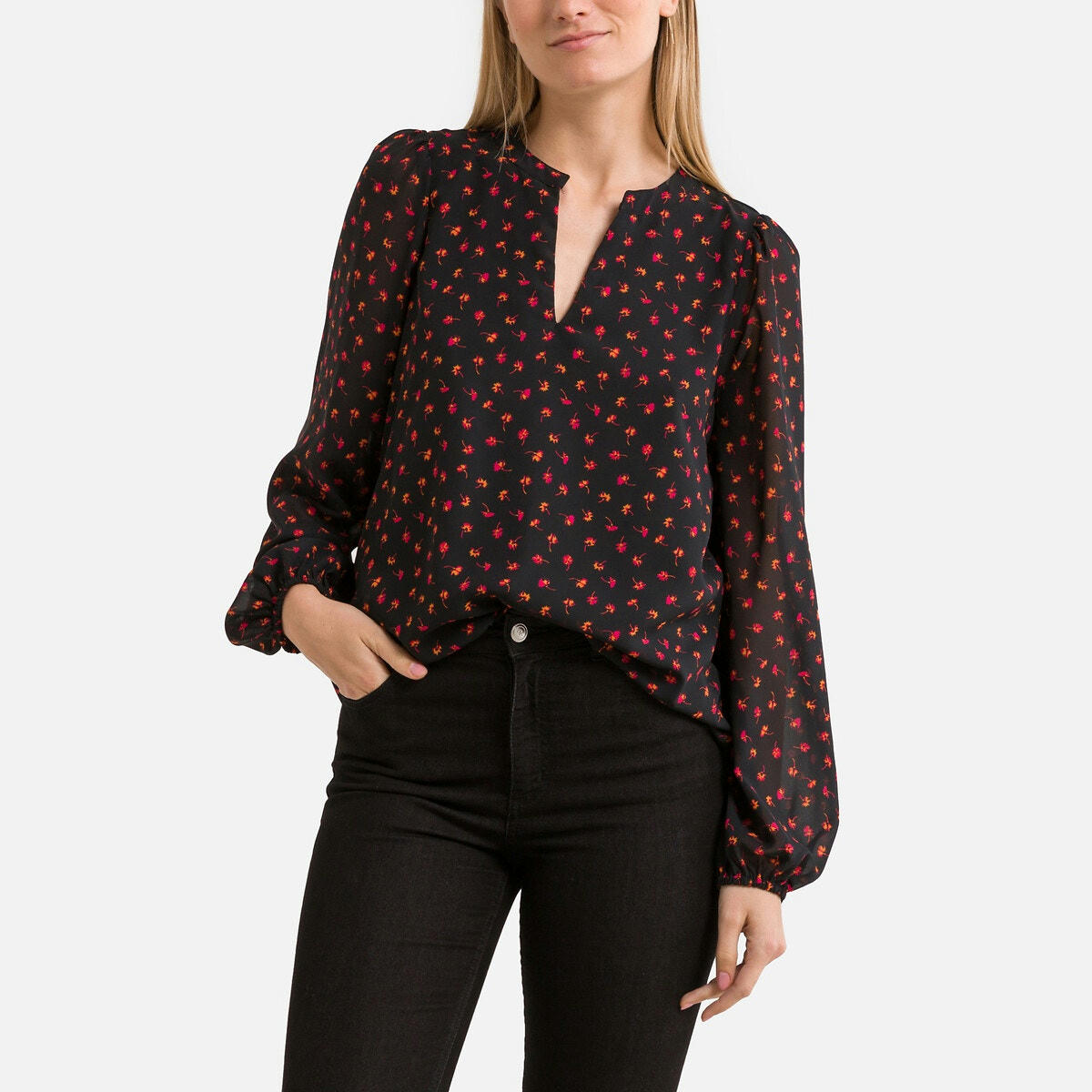 Blouse col v, manches longues, imprimé floral