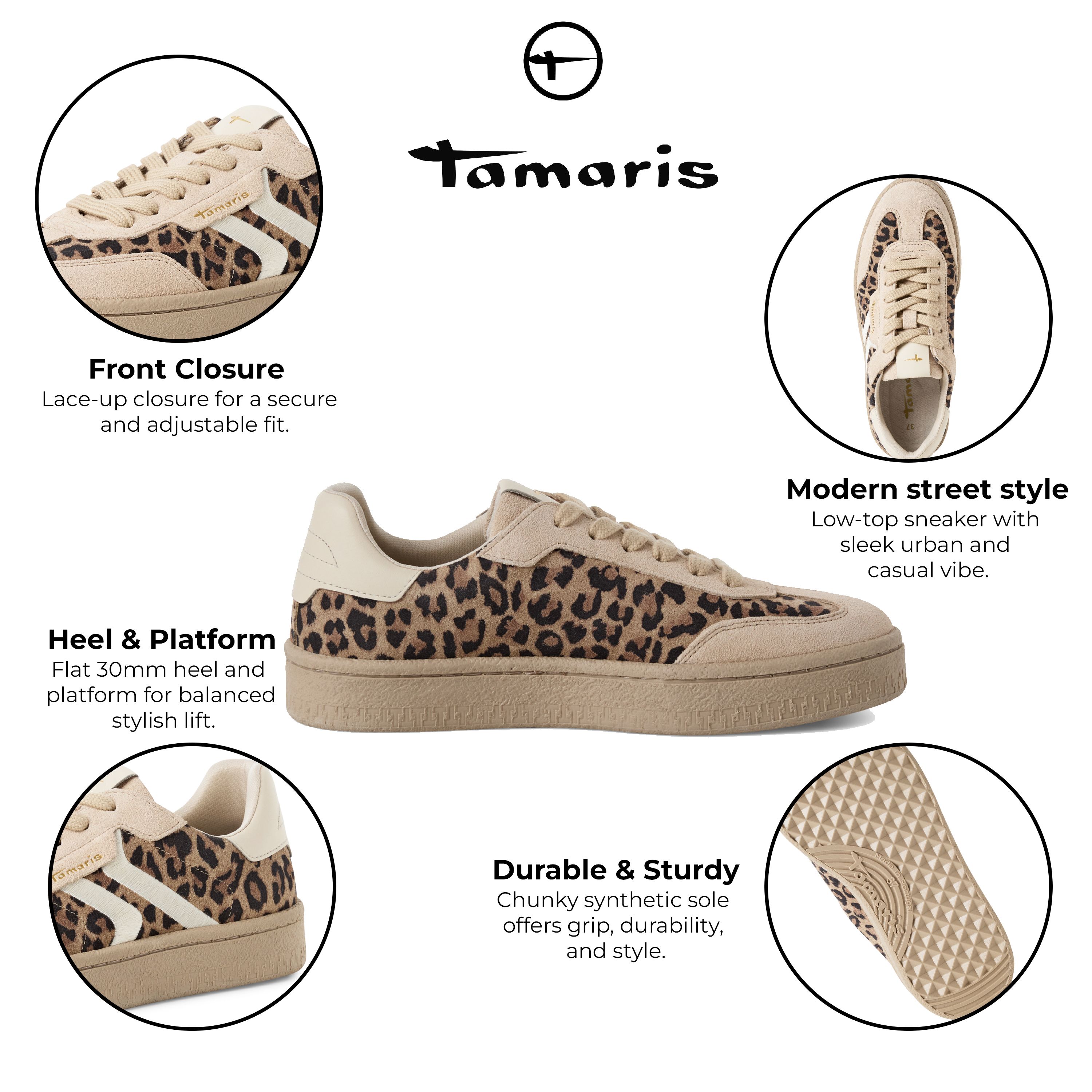 Infinity Leather Tamaris Leapord Suede Leather Fashion Lace Up Sneakers