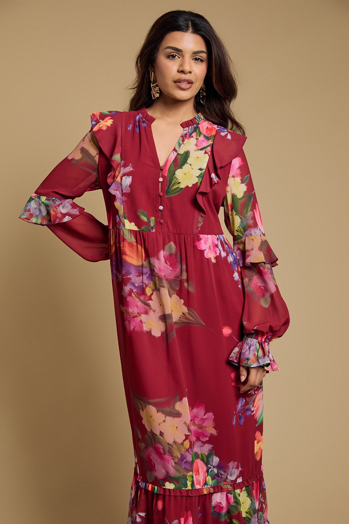 Oasis Petite Long Sleeve Ruffle Chiffon Tiered Maxi Dress