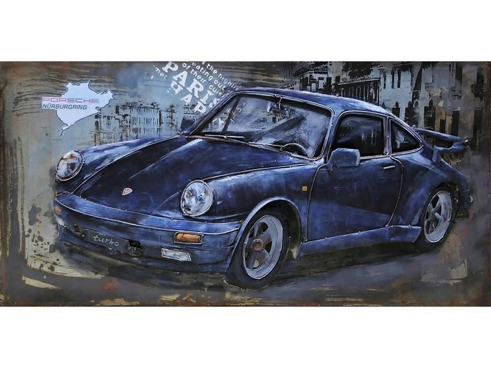 MÉTAL BRASS - Tableau relief en métal porsche bleue 120x60