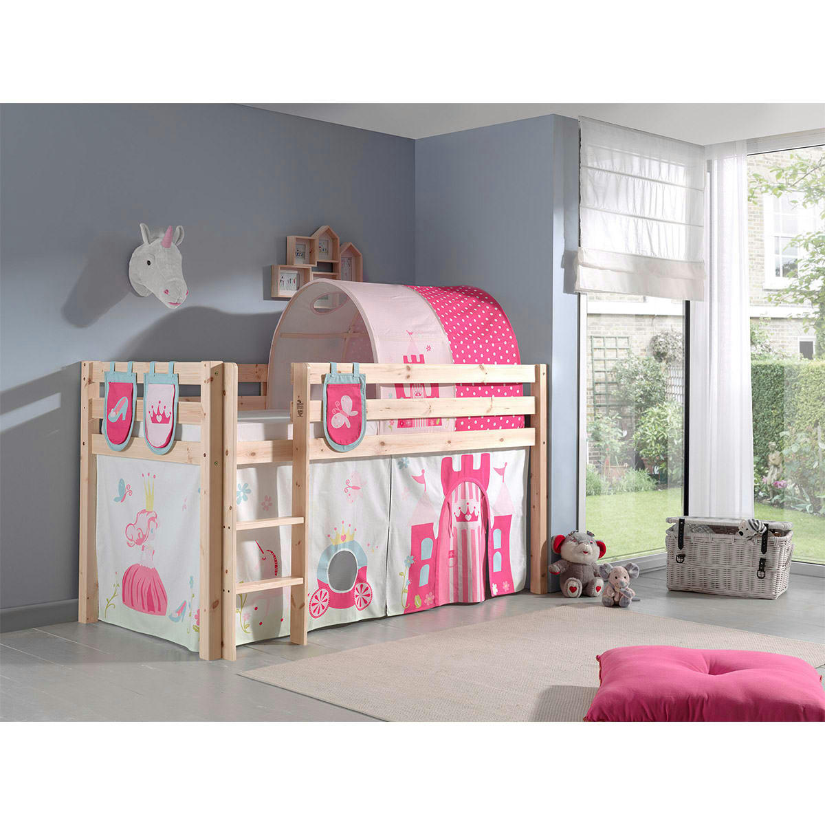 PINO - Lit mi-hauteur 90x200 sommier inclus housse princesse naturel