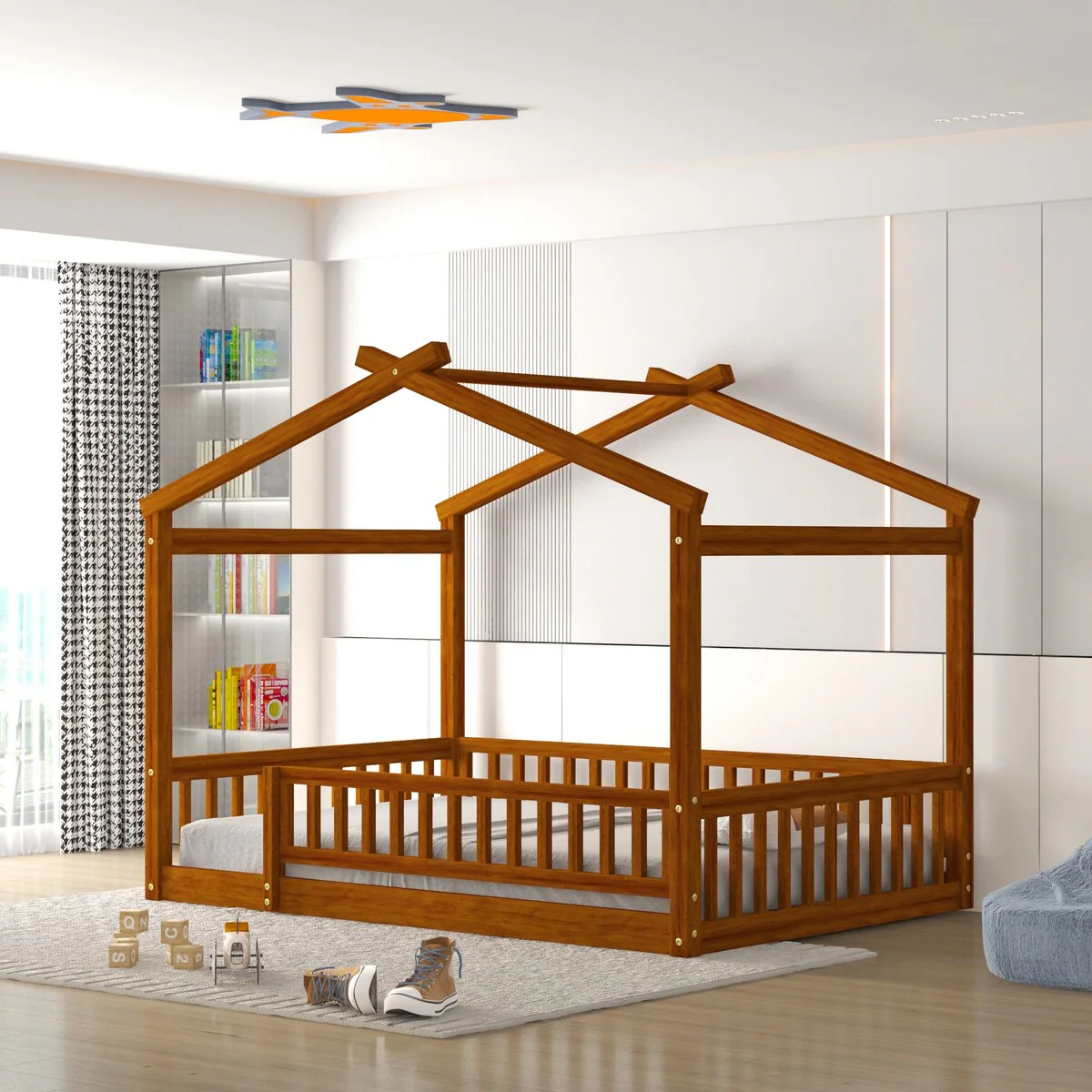 Full House Bed with Rails,Full Floor Bed for Kids,Full Size Montessori Bed Frame with Support Slats, Kids Full Playhouse Beds