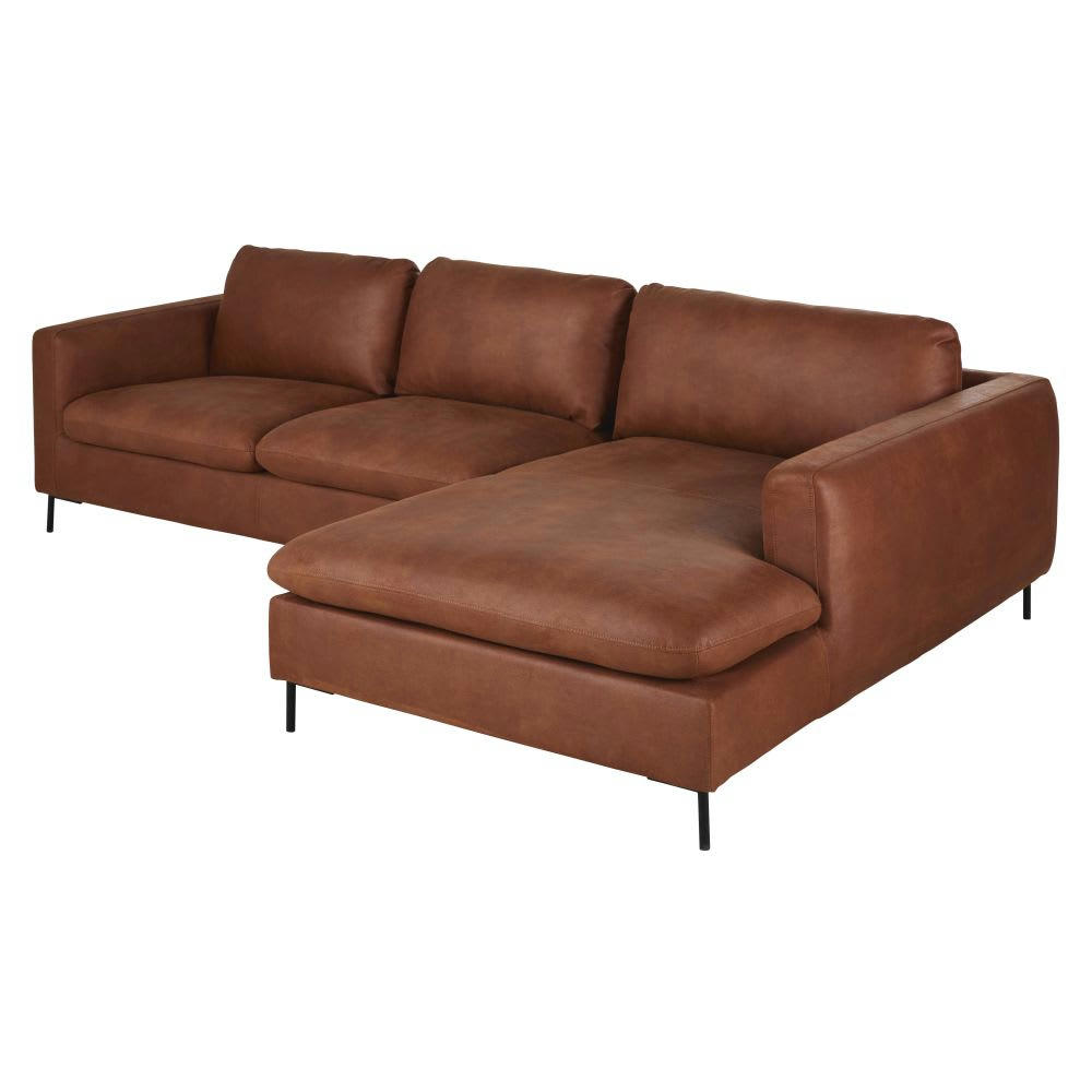 City - Canapé d'angle droit 4/5 places en cuir recyclé marron