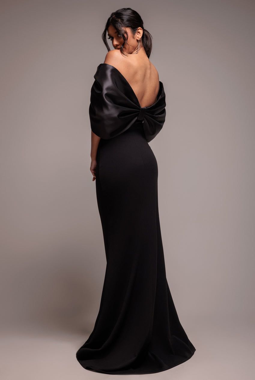 Goddiva Off Shoulder Back Satin Bow Scuba Maxi Dress