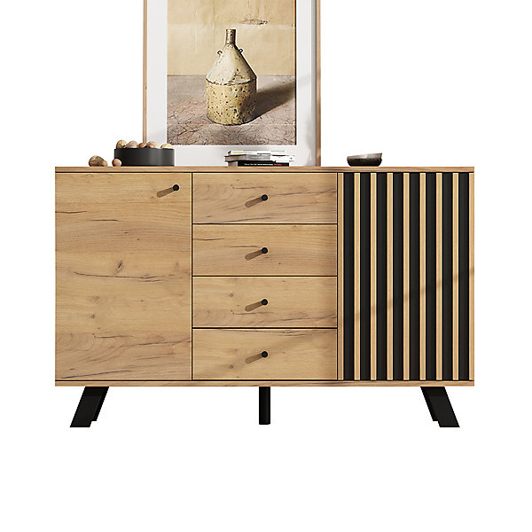 Buffet de salon 120x38x75cm, armoire creuse, table d'appoint, couleur bois, 4 tiroirs, 2 armoires, 5 pieds en bois massif