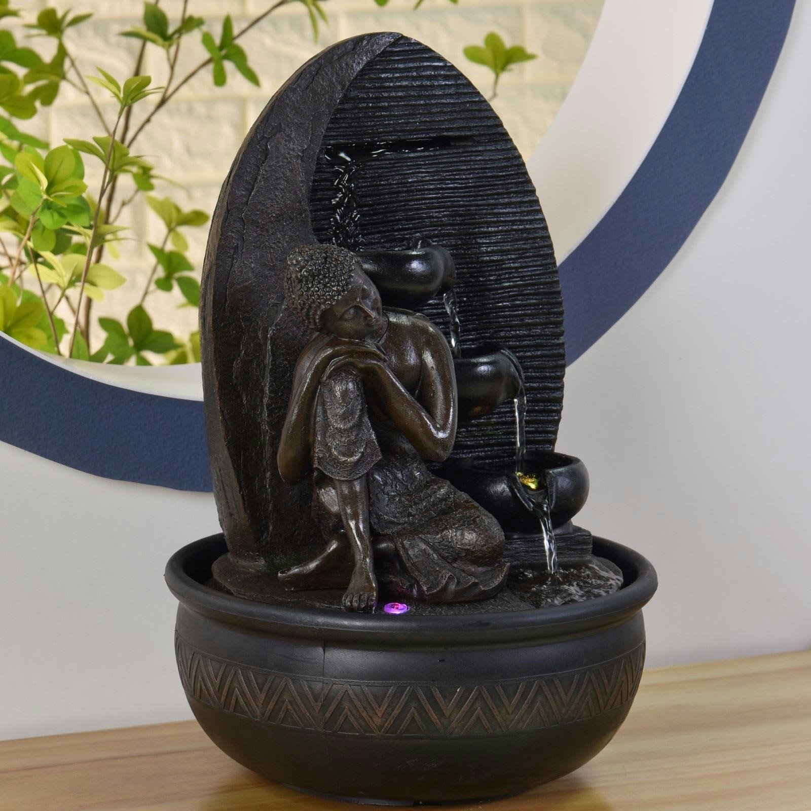 GRACE - Grande Fontaine avec Statue Bouddha Amovible en résine marron - H40 cm
