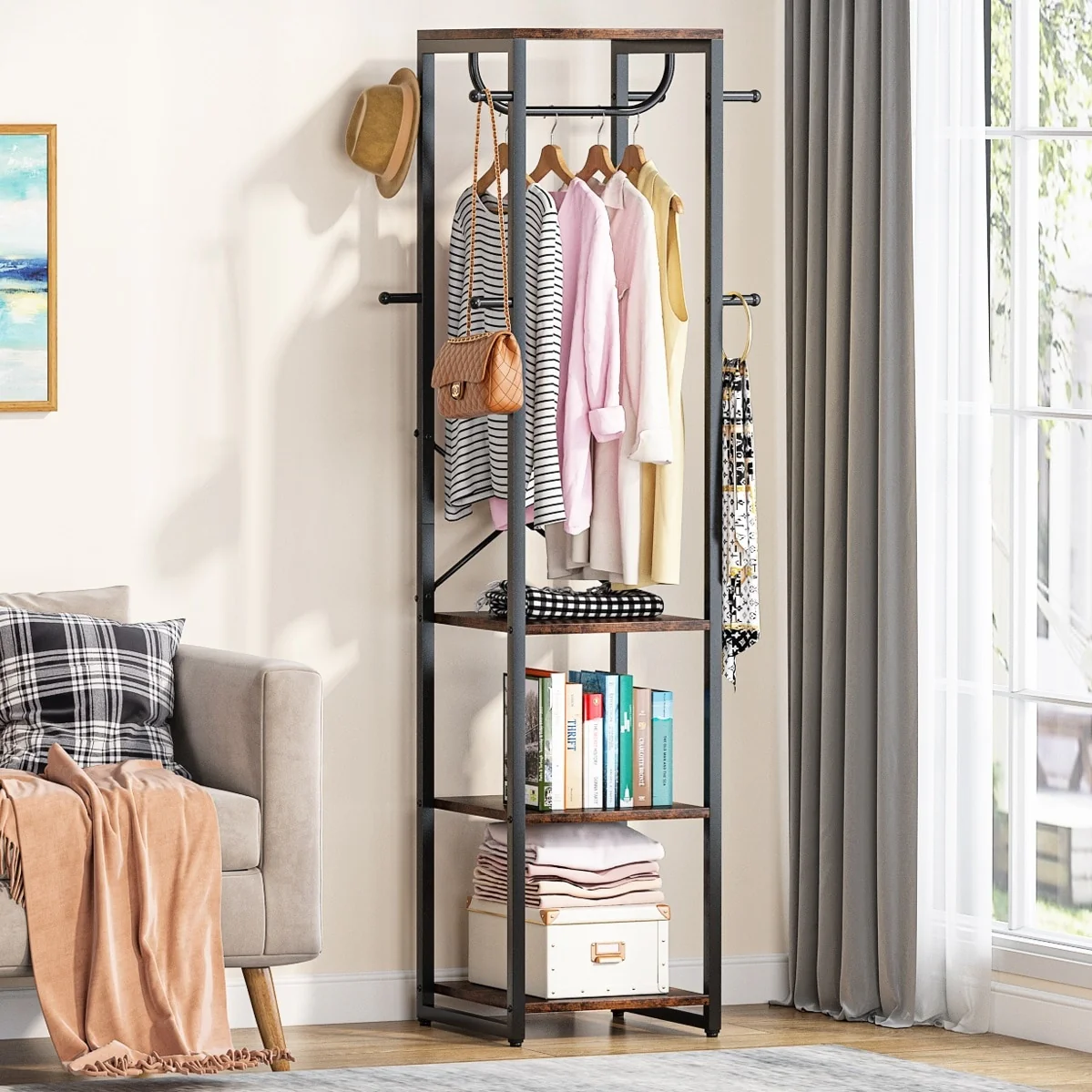 Freestanding Coat Rack with Shelves, Corner Hall Tree with 4 Shelves and 8 Hooks