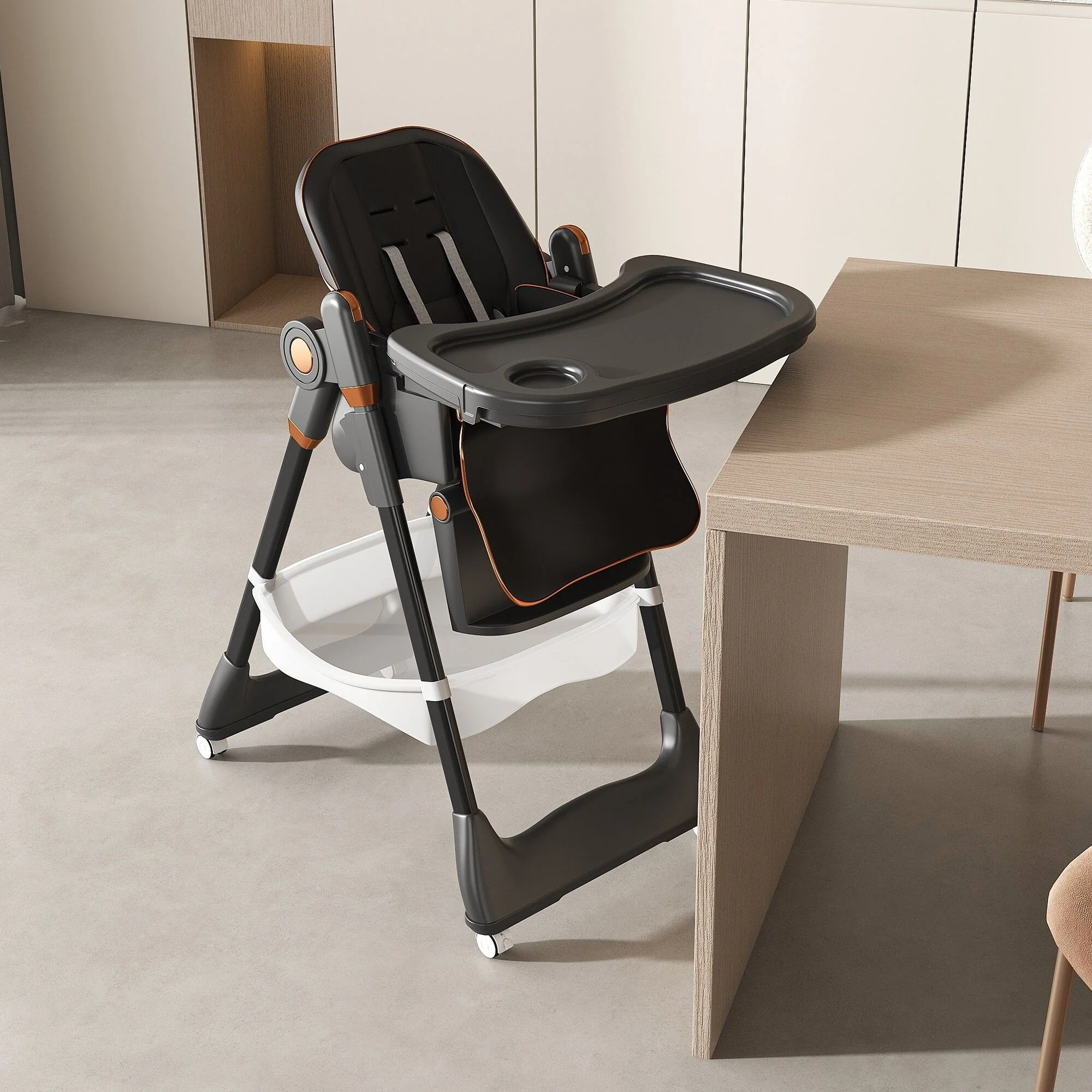 Adjustable Foldable Baby High Chair with Tray and Wheels for 0 6 Years