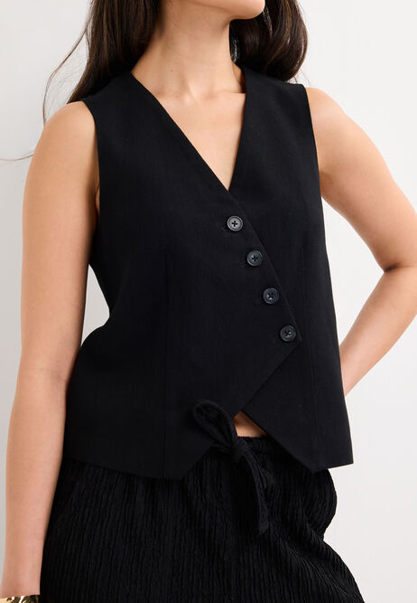 Womens Black Asymmetric Linen Blend Waistcoat