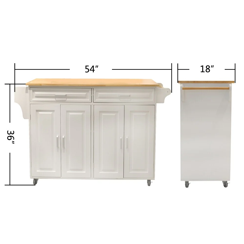Rubber Wood Top Kitchen Island, Mobile Island on Wheels, Portable Island Table with Adjustable Shelf, 2 Drawers & 2 Cabinets