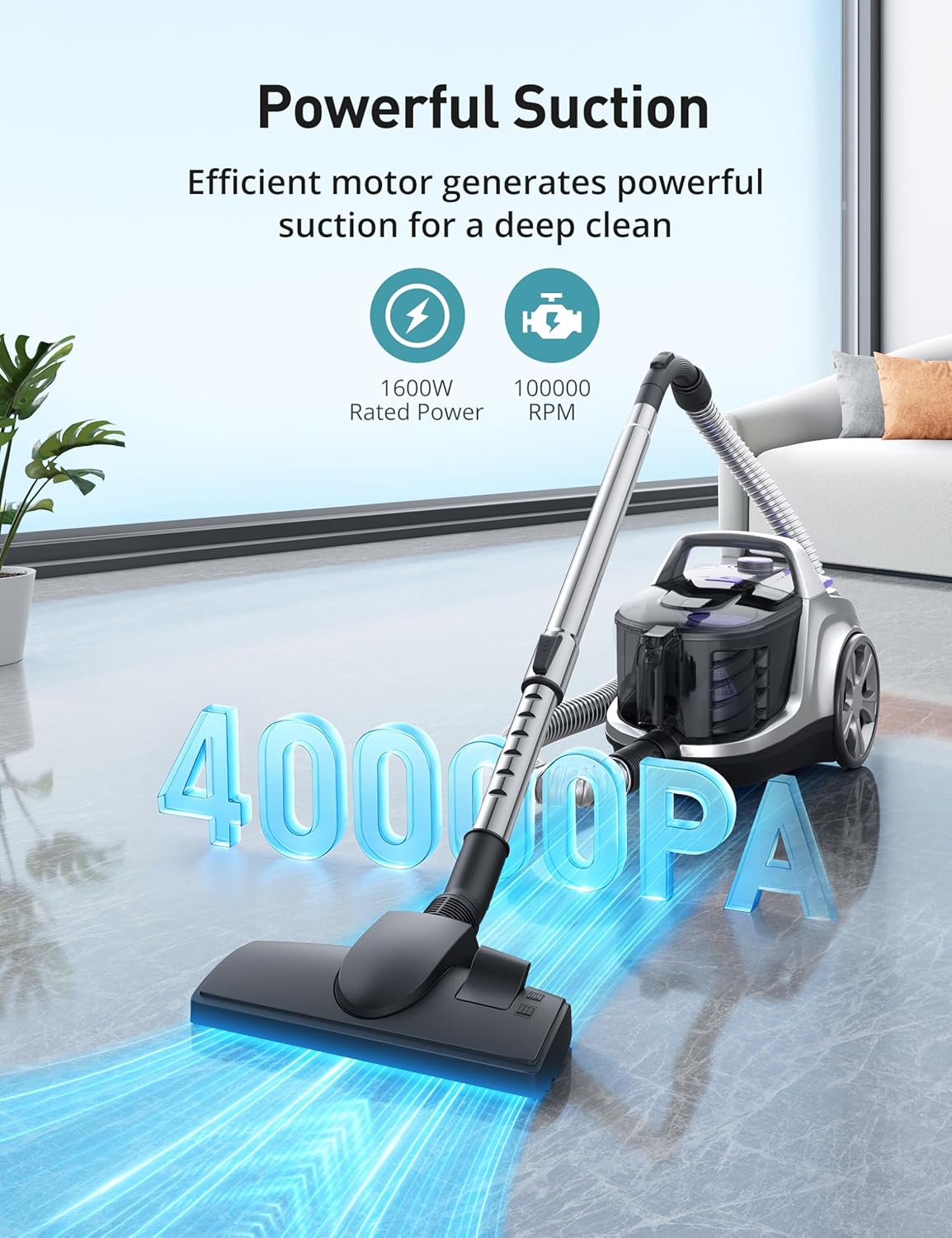 Aspiron Canister Vacuum, Upgraded 1600W Bagless Canister Vacuum Cleaner, Auto Cord Rewind, H13 HEPA Filter, 3.7Qt Large Capacity, 5 Tools for Hard Floors, Carpet, Pet, Upholstery, Tiles, Violet