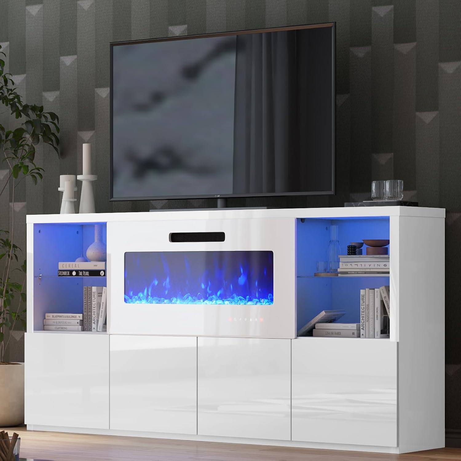 AMERLIFE 68 Fireplace TV Stand with 40 Fireplace, Modern High Gloss Fireplace Entertainment Center with LED Lights for TVs up to 78, TV Console with Glass Shelves for Living Room, White