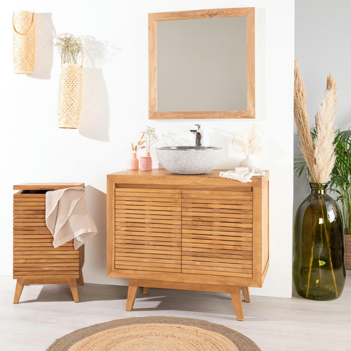 - Meuble salle de bain sous vasque en teck 2 portes L90cm