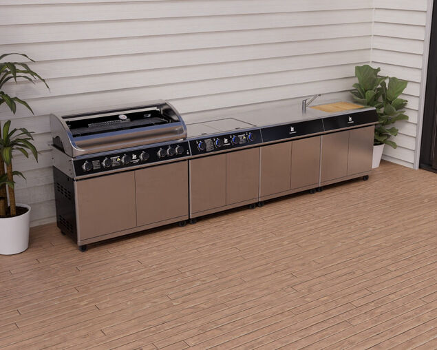 Beefmaster Deluxe 6 Burner Outdoor Kitchen with Range, Sink & Bench on Deluxe Carts