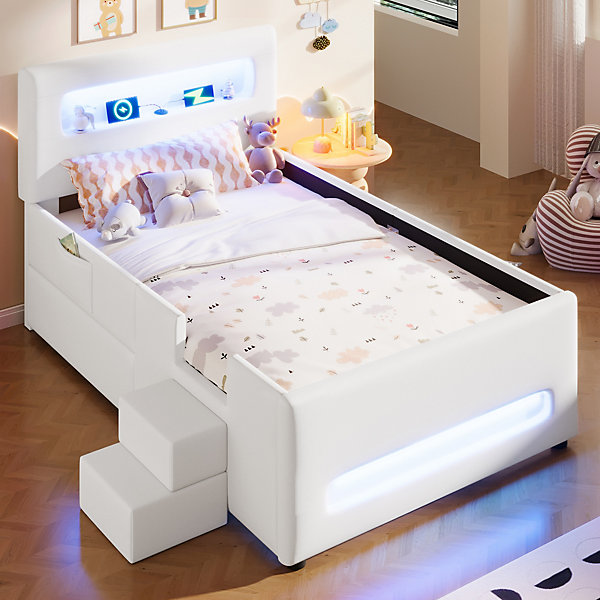 Lit Simple 90 x 200 cm - avec Tiroirs de Rangement et éclairage LED Intégré - PU   MDF, Sans Matelas, Blanc/Rose