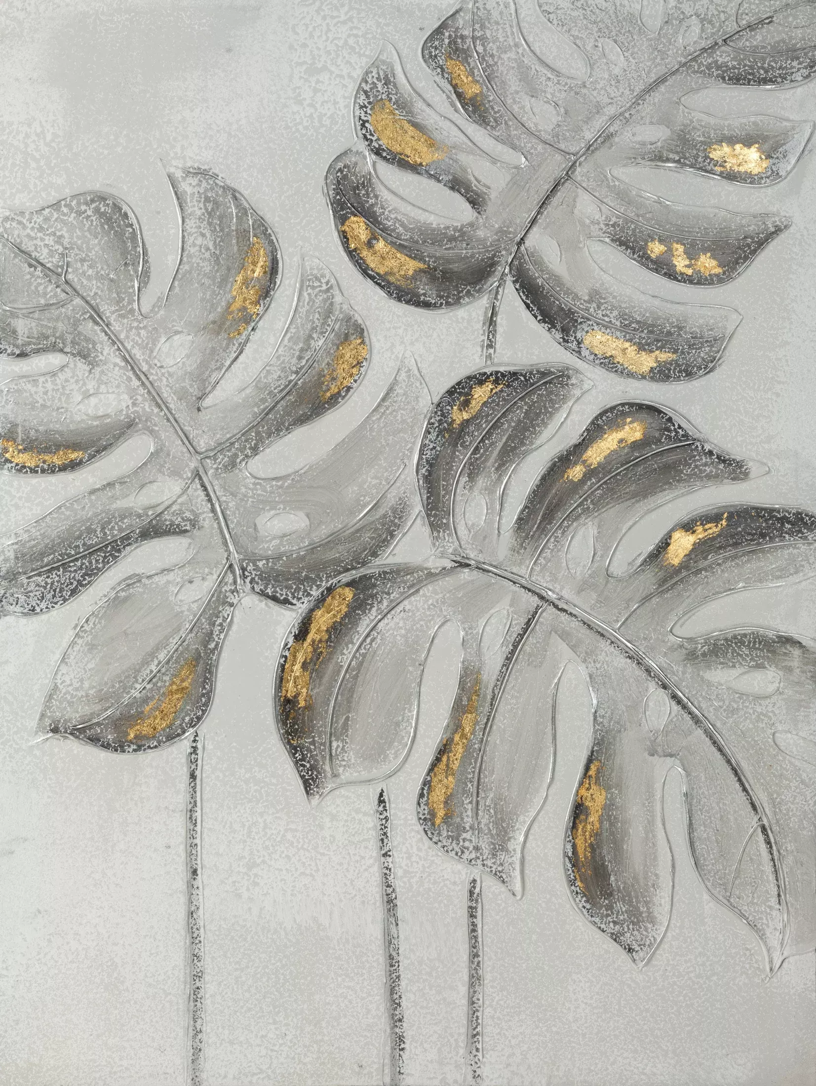 Obraz roślinny szaro, złoty ręcznie malowane na płótnie liście monstery 60x80 cm BOTANIC