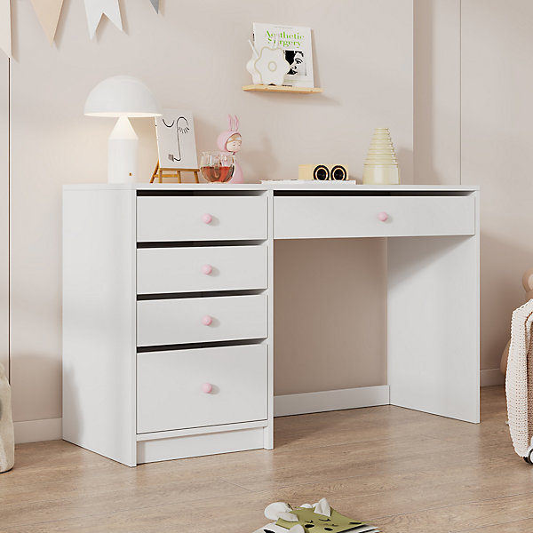 Bureau Enfant - Bureau Ado avec 5 Tiroirs et Rangement, Coiffeuse Bureau MDF, Blanc, 120x45x74 cm