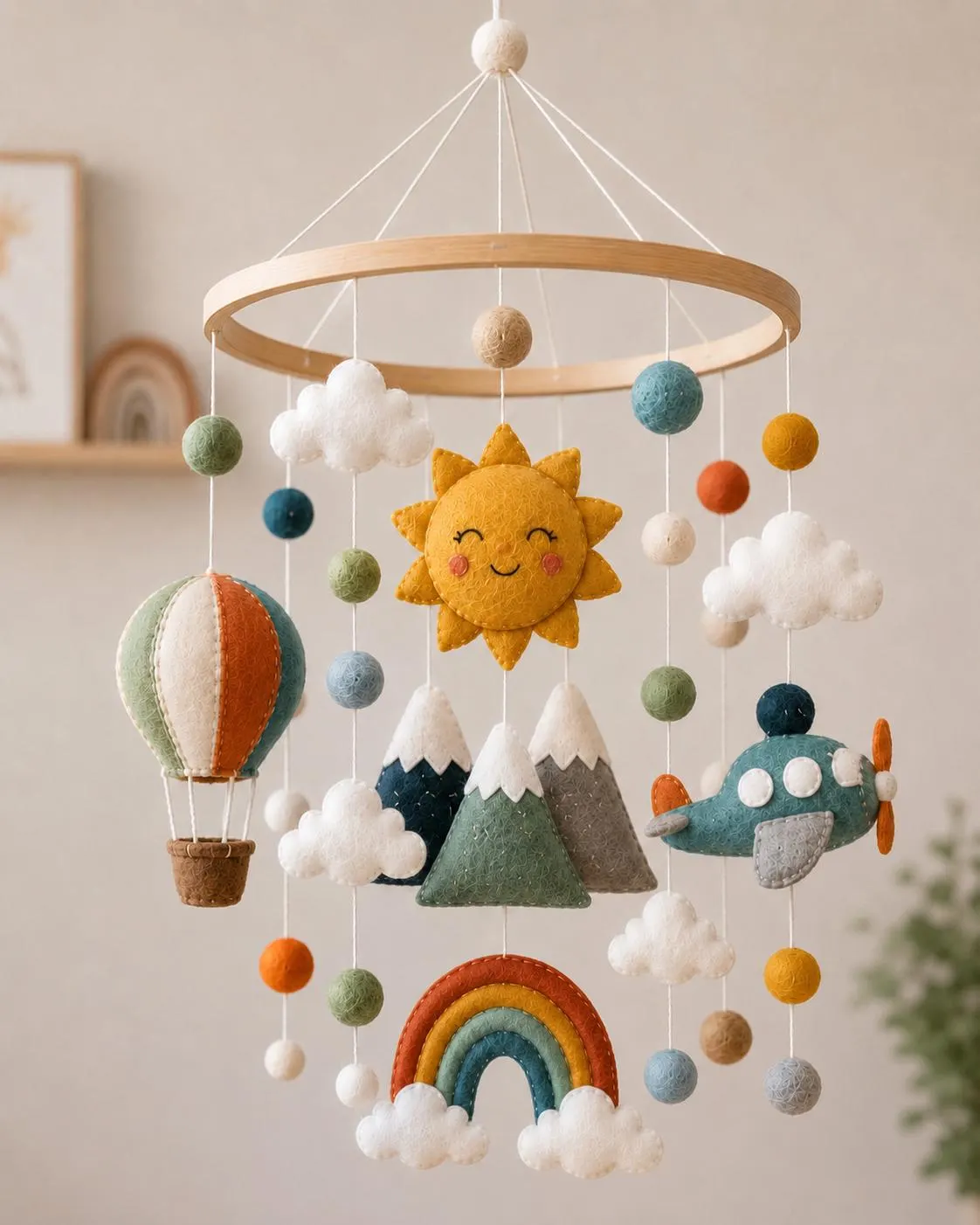 Sunny Sky Baby Mobile, Felt Nursery Mobile, Hot Air Balloon Rainbow Airplane Mobile, Baby Shower Gift, Mountain Nursery Decor