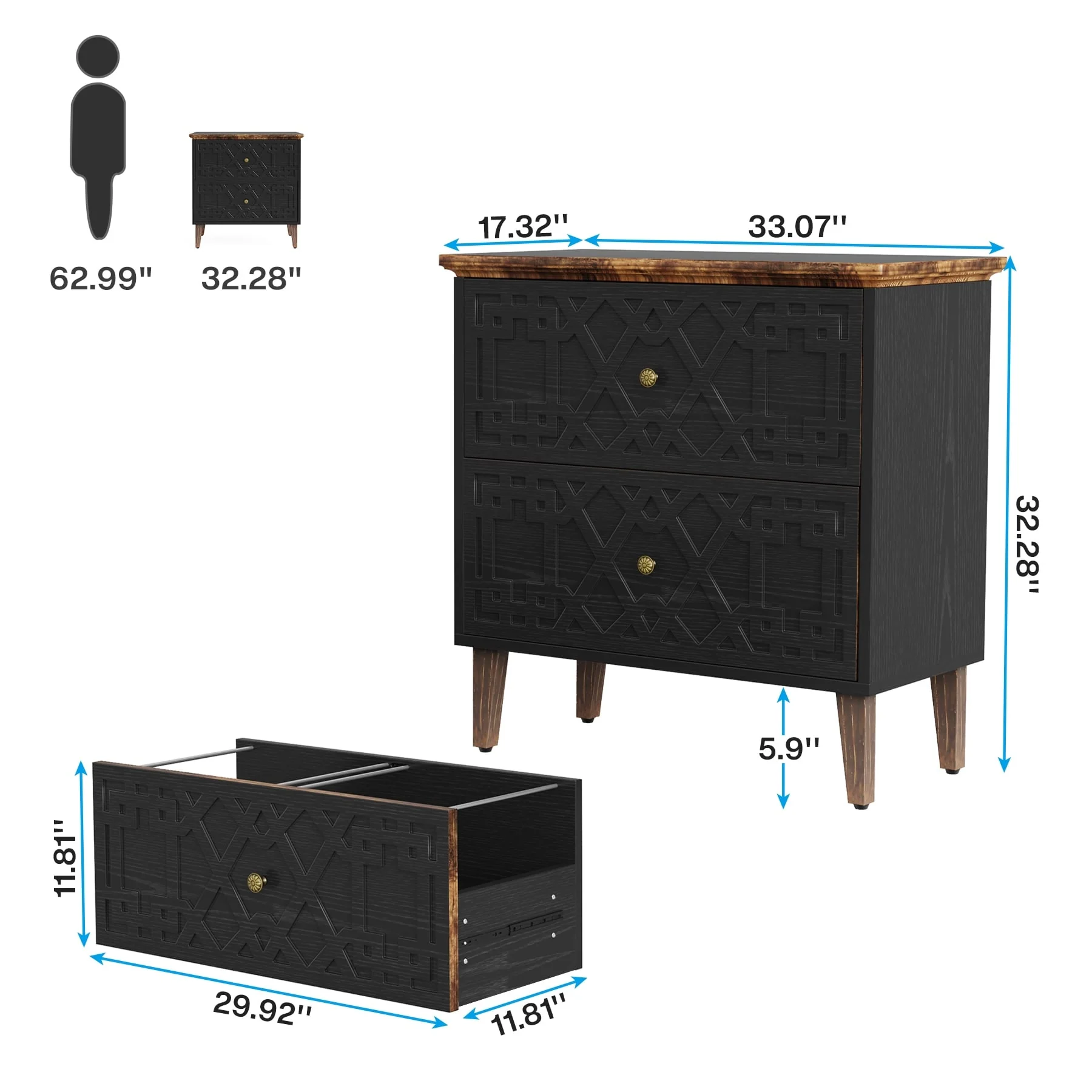 Lateral File Cabinet, 2 Drawer Filing Cabinet, Black Wood Storage Cabinet