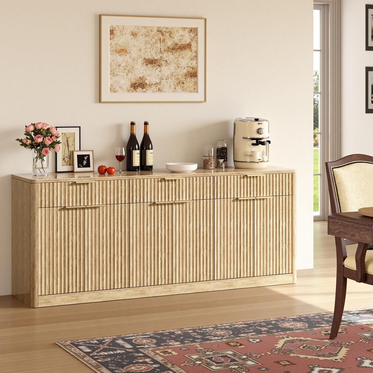 Evermagin 67 Fluted Oak Sideboard Buffet Cabinet with 3 Drawers, Modern Credenza with Storage, Console Coffee Bar Cabinet for Kitchen, Living Room and Entryway (67 W x 31.5 H x 15.7 D)