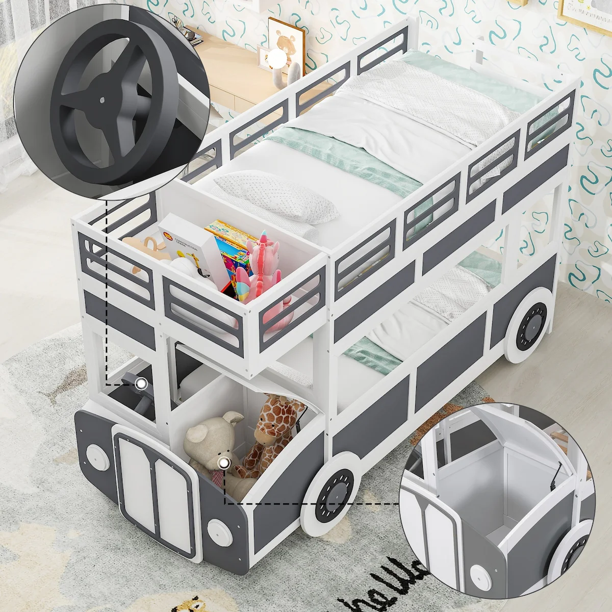 Twin over Twin Bus-shaped Bunk Bed with Wheels and Storage