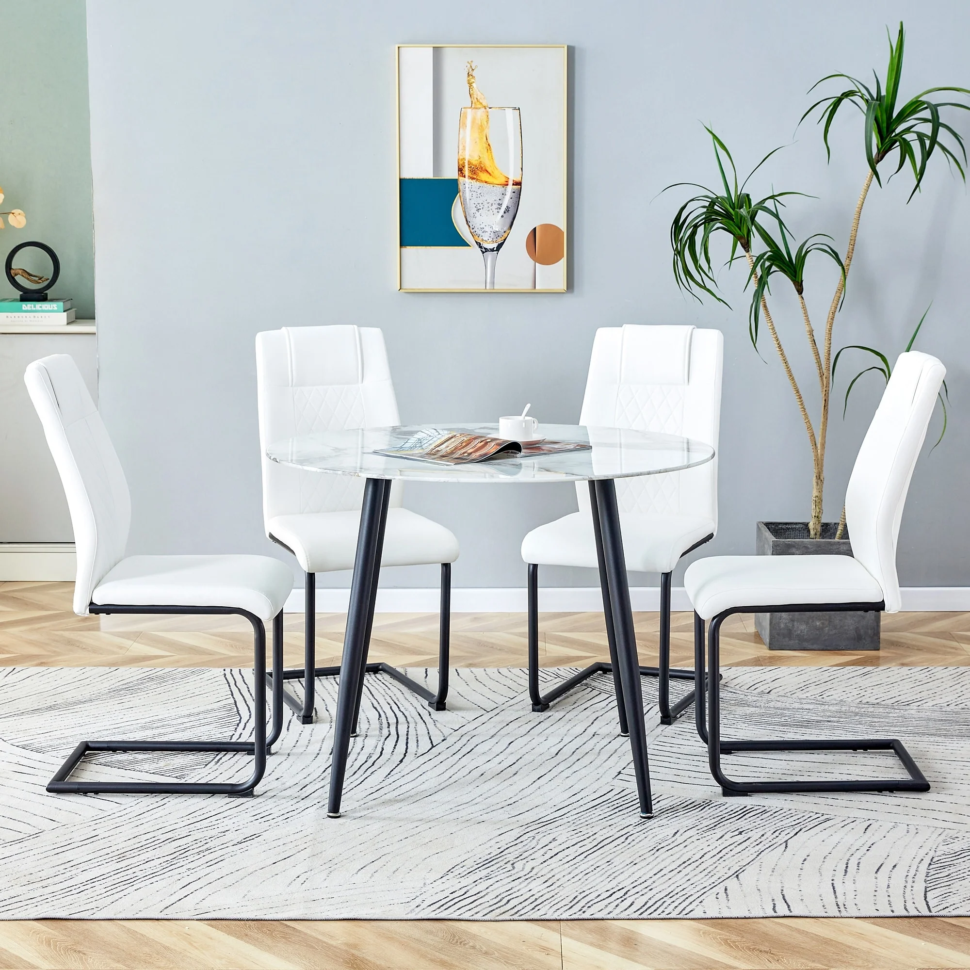 Modern 5-Piece Dining Set with Marble Patterned Round Table and 4 PU Grid Upholstered Chairs