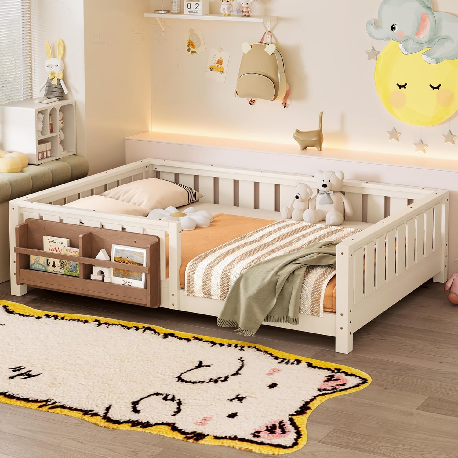 Bellemave Beige Montessori Floor Bed with Fence and Slats, Full Size Montessori Floor Bed with Bookcase and High Rails, Easy Assemble Bed Frame for Girls, Boys, Full