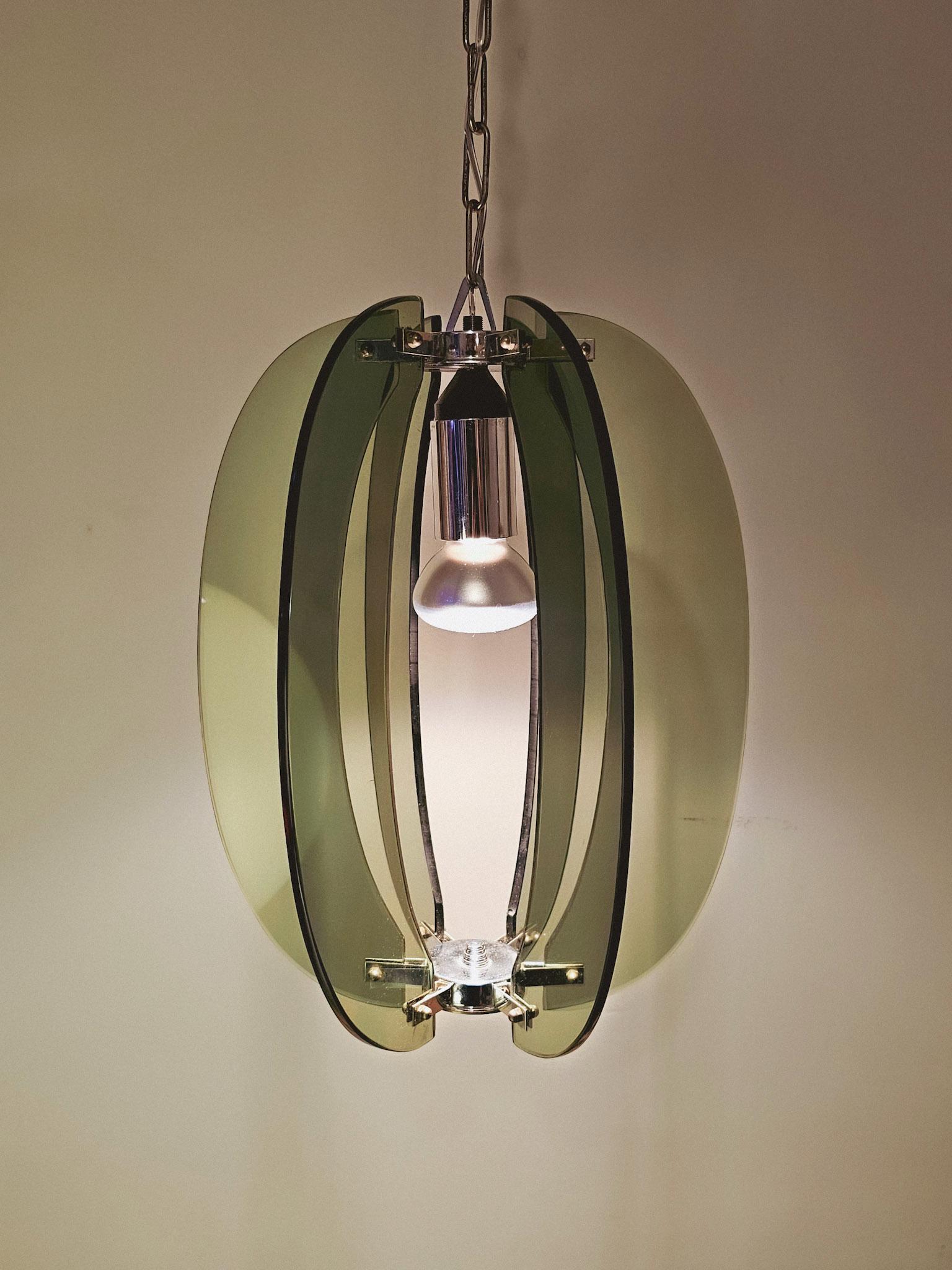 Fontana Arte Veca 1970 vintage chandelier, steel design with vertical smoked glass elements.