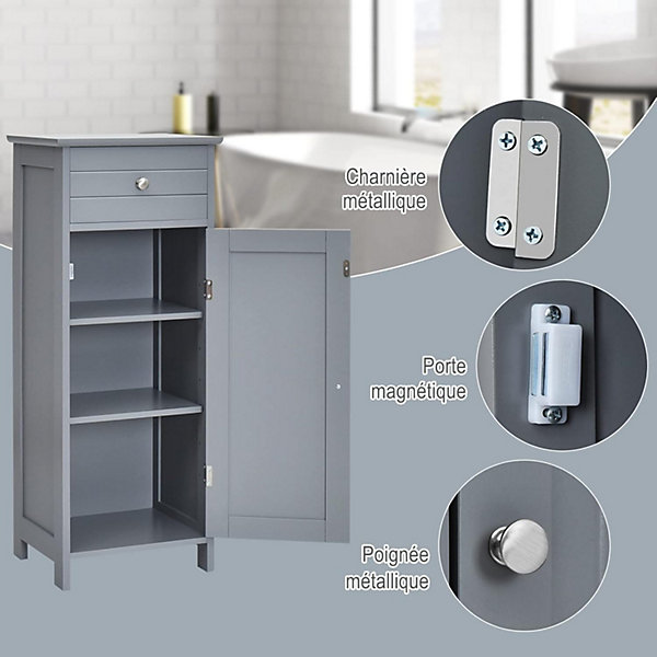 Armoire de Rangement pour Salle de Bain Meuble de Toilette sur Pied en MDF avec Tiroir et 2 Etagere Reglable a Hauteurs