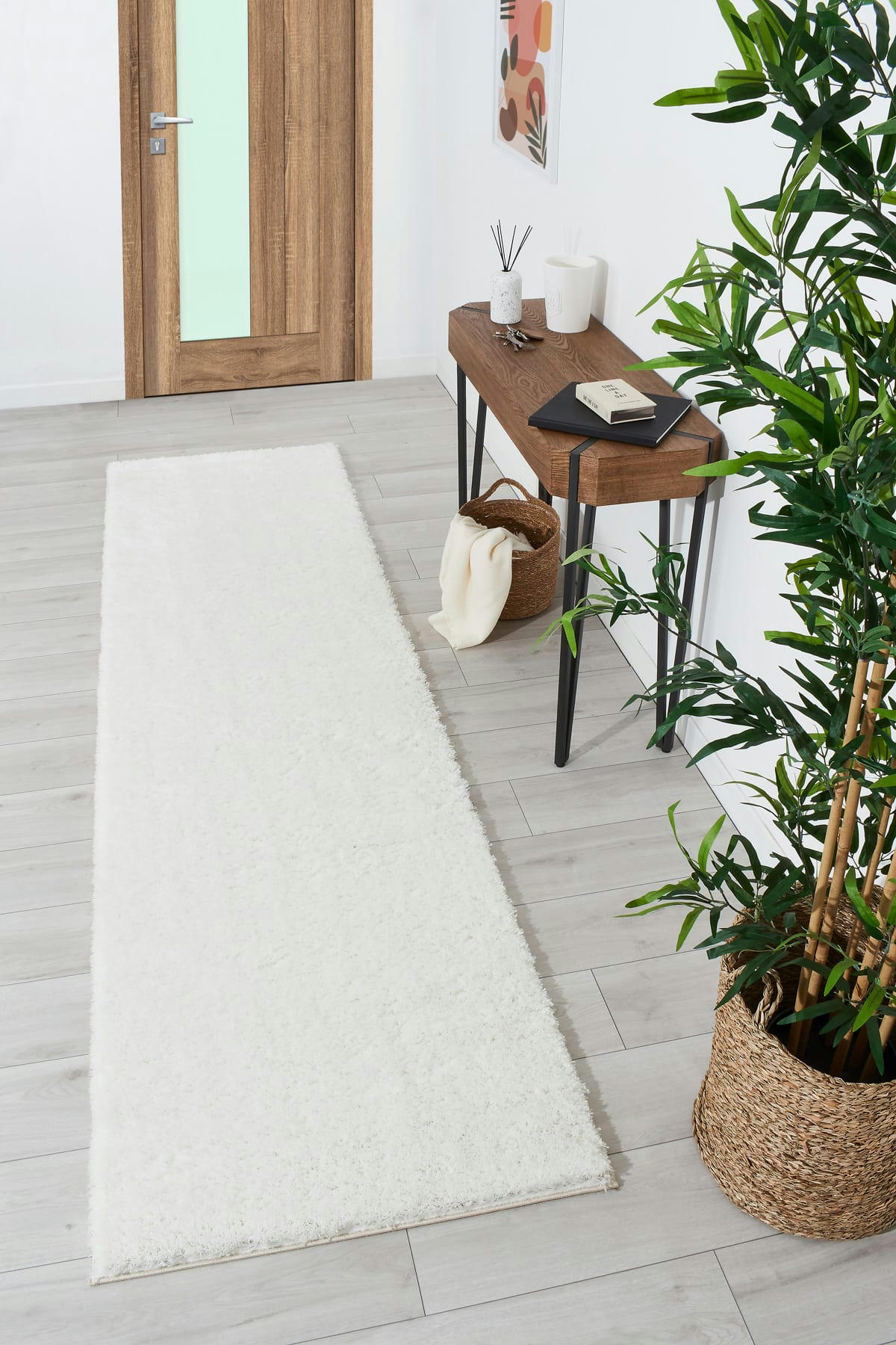 COSY - Tapis en polyester brillant motif uni blanc 80x300