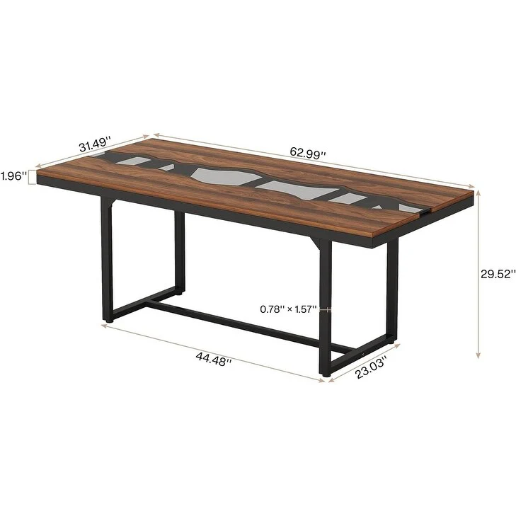 Industrial Dining Table for 6 People with Wavy Glass Tabletop