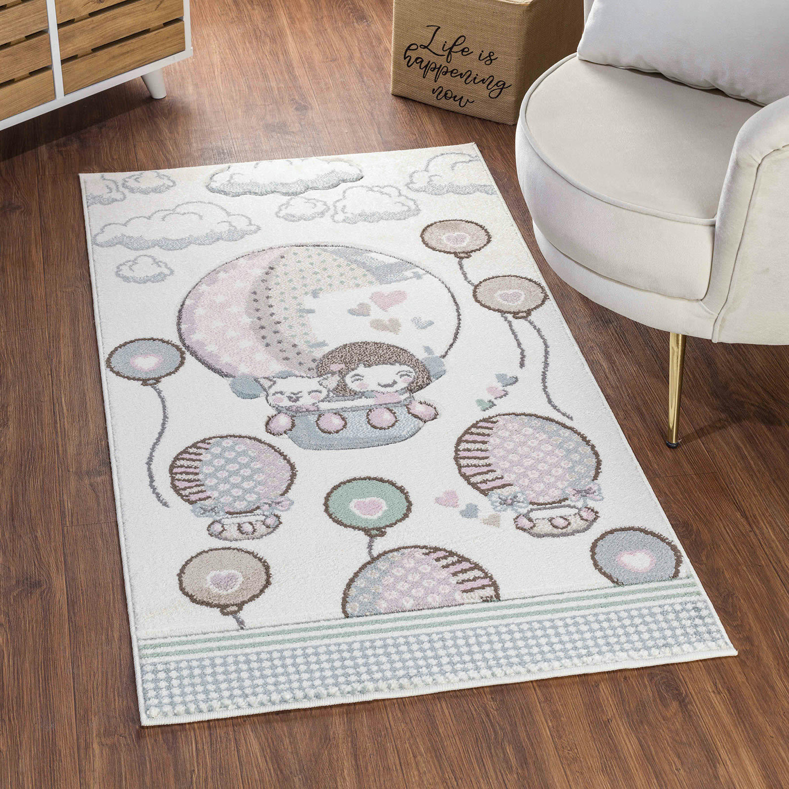 CUTE LOON - Tapis Enfant - Montgolfières & Ballons - Beige et Rose - 80x150cm