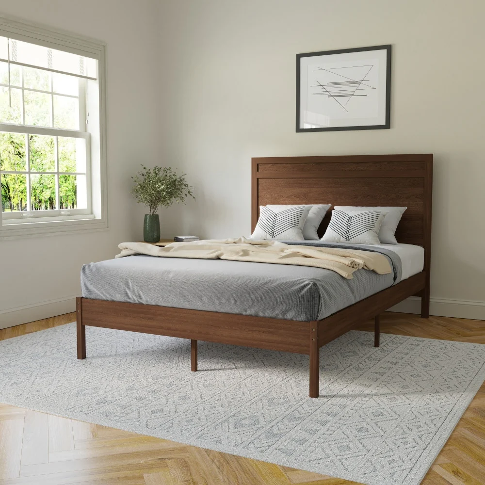 Modern Solid Wood Platform Bed with Headboard and Wooden Slats