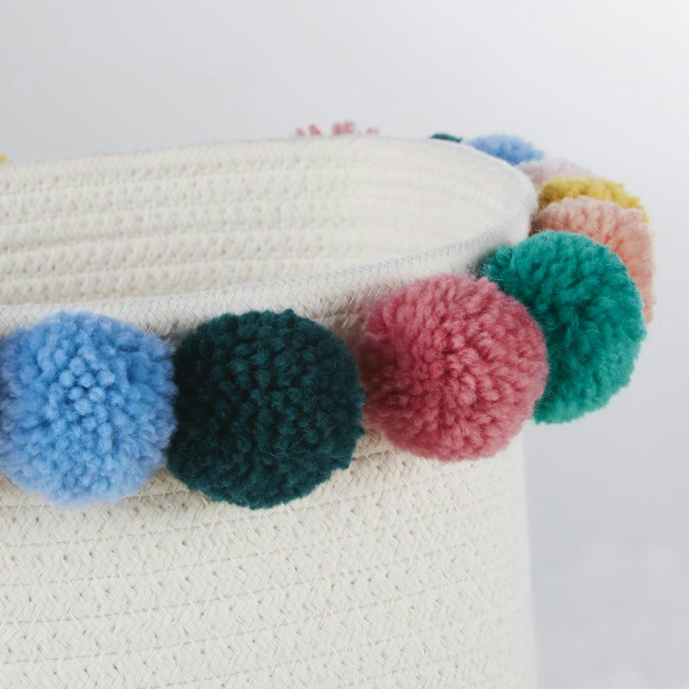 MADRID - Panier de rangement beige avec pompons multicolores