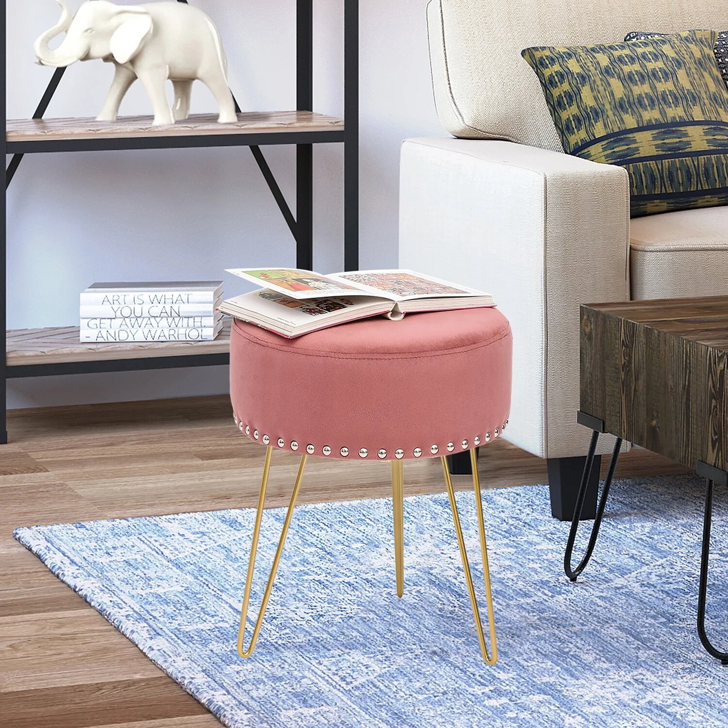 Adeco Footstool Round Ottoman Velvet Dressing Stool Gold Metal Legs