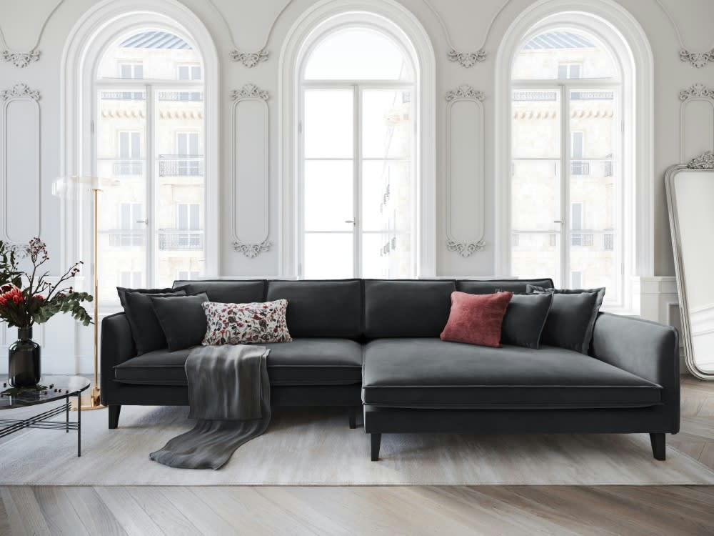 PROVENCE - Canapé d'angle 4 places en velours gris foncé