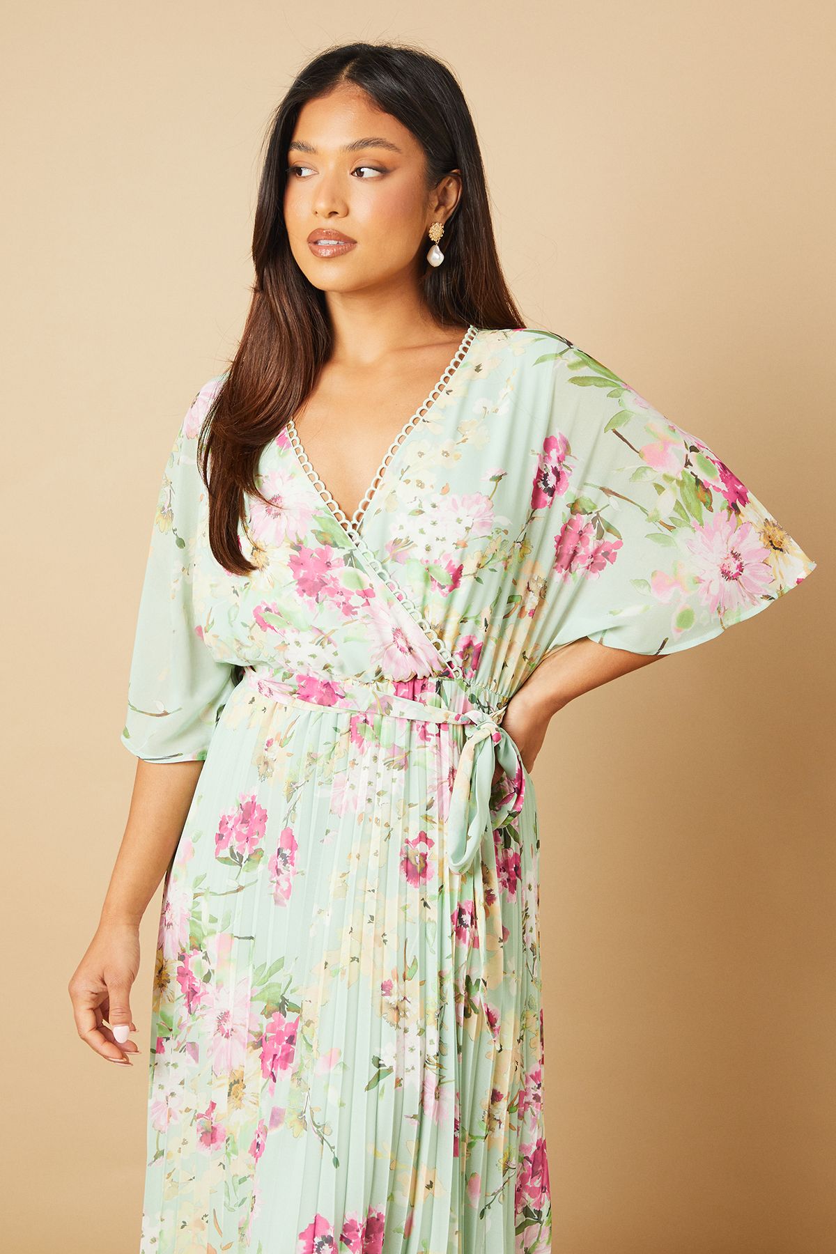 Oasis Petite Occasion Kimono Sleeve Pleated Midi Dress